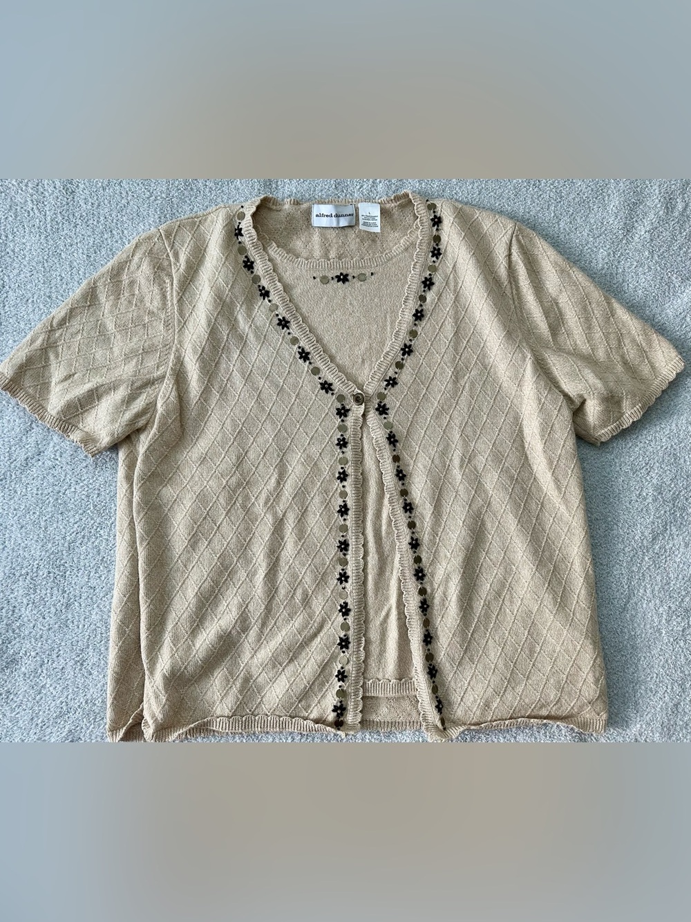 Alfred Dunner Beige Diamond-Knit Cardigan and cami connected w/Black Floral Trim